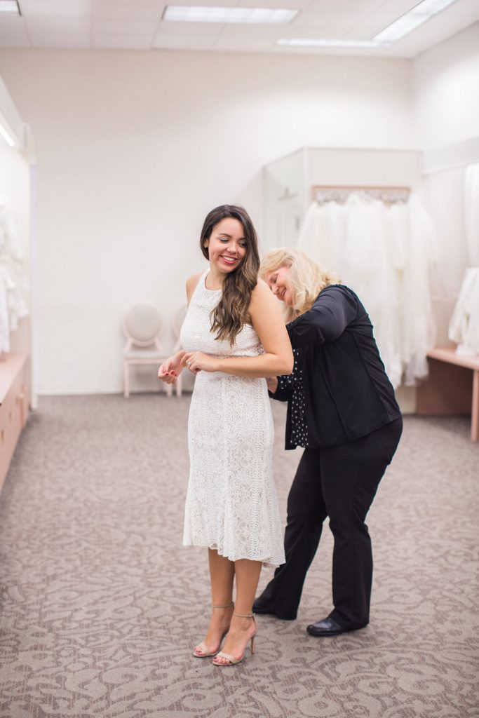 white lace dress, bridal outfit idea, short engagement dress