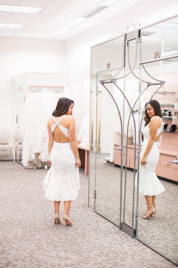 rehearsal dinner dress idea, hi lo dress hem, white lace dress engaged