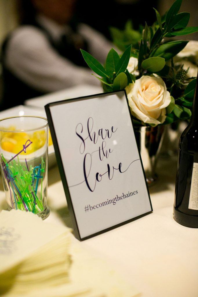 wedding hashtag signs, wedding bar signage