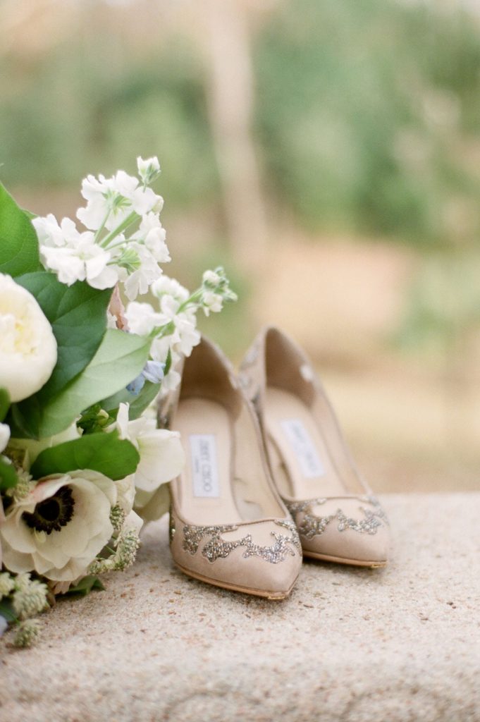 Jimmy Choo wedding shoes, bridal bouquet, Southern wedding
