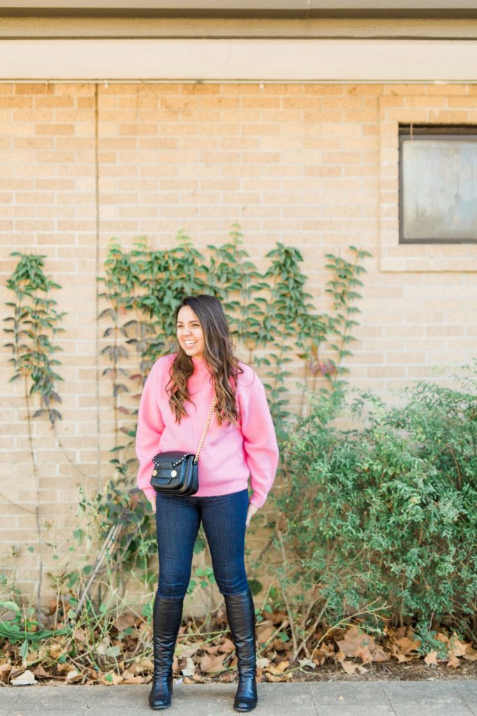 Hot pink sweater, trendy sweaters for winter, how to wear color in January