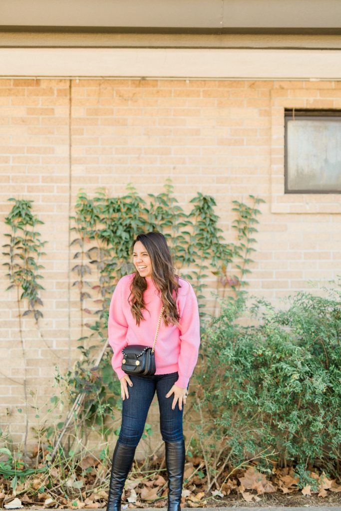 Mock neck ribbed sweater, hot pink sweater, how to dress warm and look cute