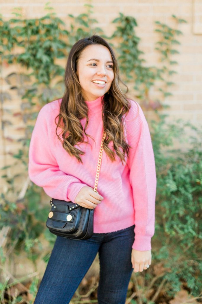 brunette balayage, Stella McCartney bag, Hot pink ribbed sweater