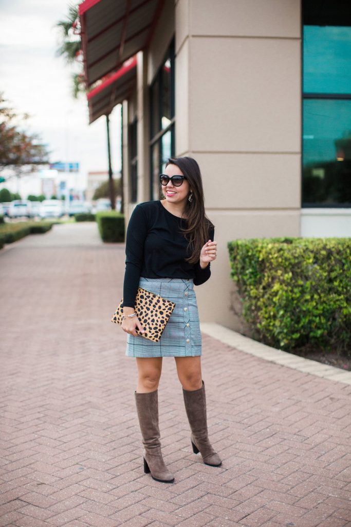 classic winter ensemble, plaid skirt, leopard clutch it bag
