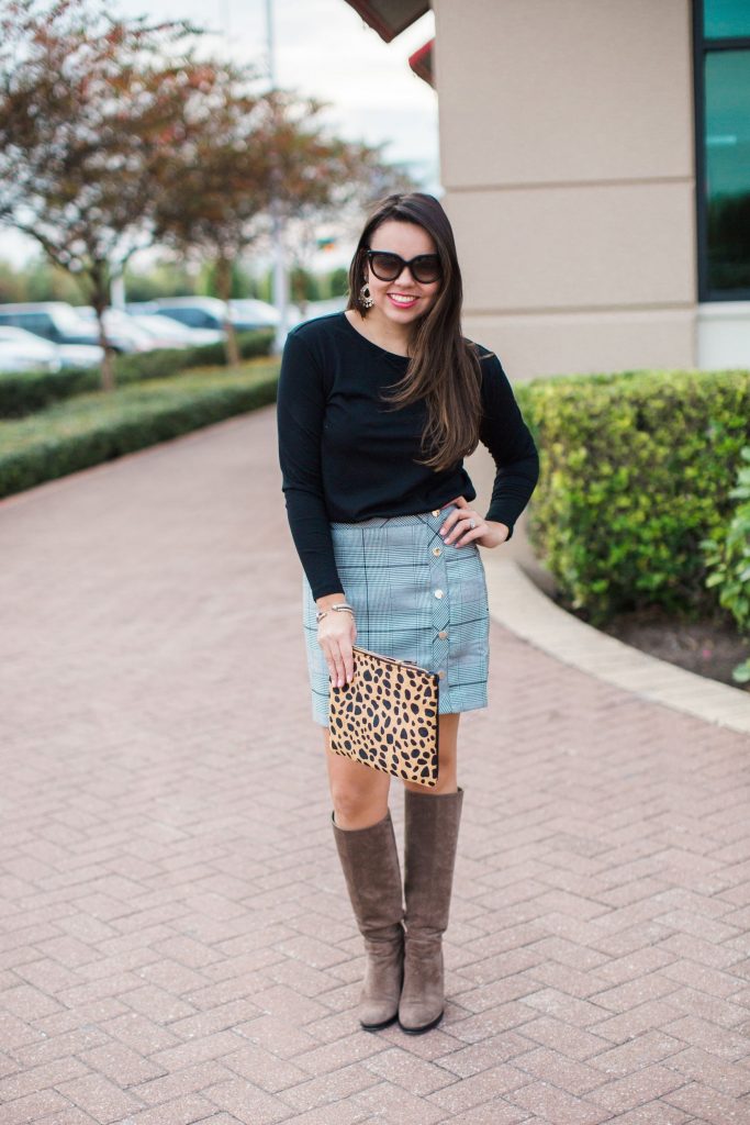 winter outfit ideas, budget-friendly trendy outfits, plaid faux button skirt, leopard clutch
