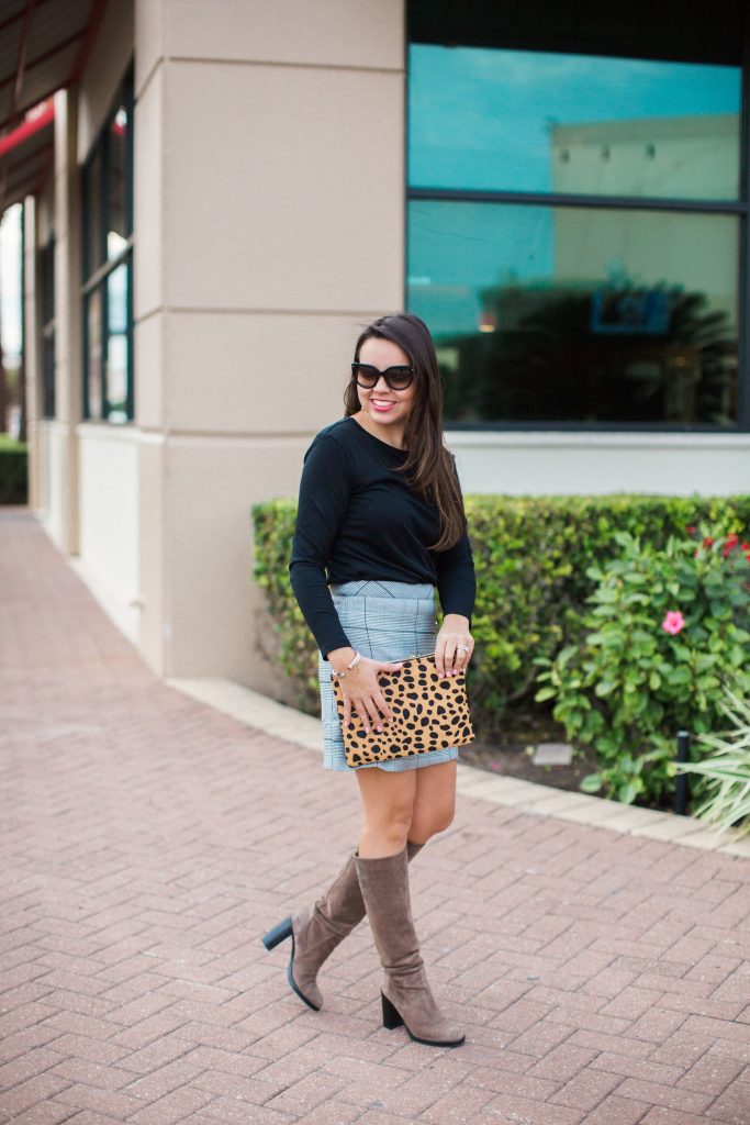 pattern mixing outfit, leopard and plaid pattern mix, suede high boots outfits