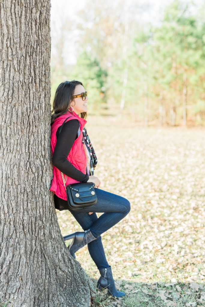 red quilted vest, preppy style, classic winter outfit ideas