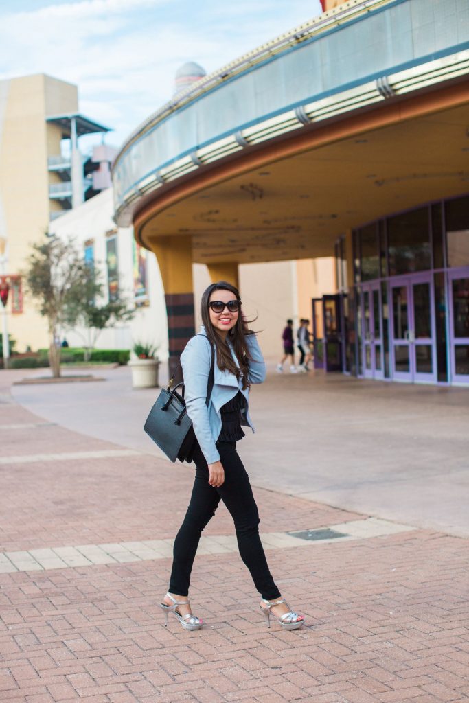 faux leather grey drape front jacket
