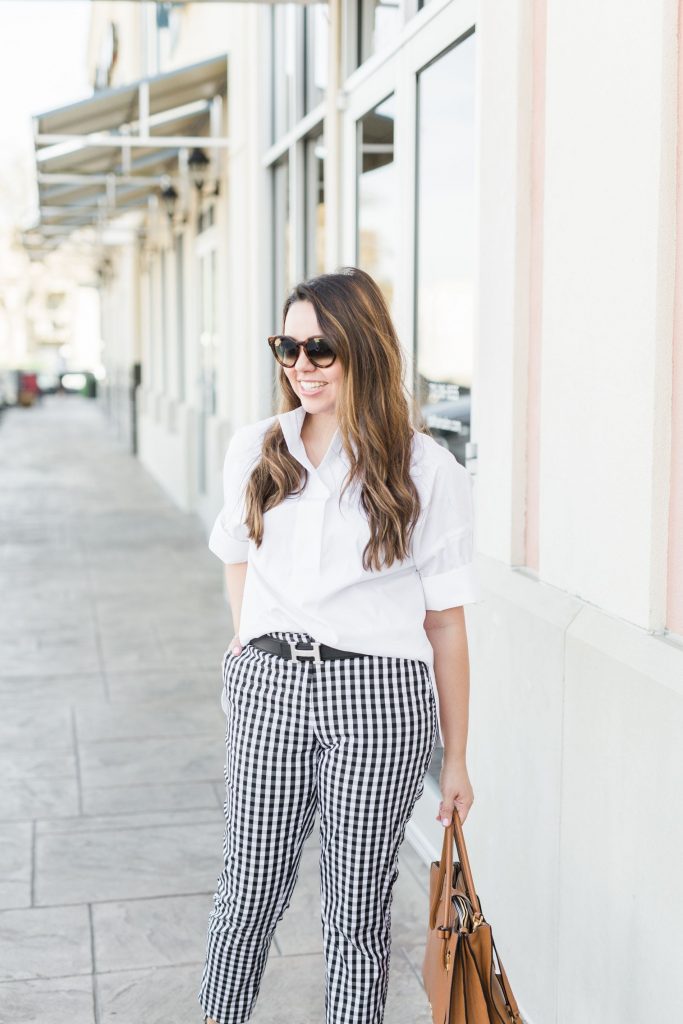 Gingham pants and crisp white blouse