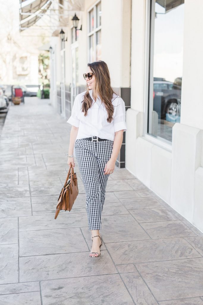 Gingham check pants for spring, gingham outfit ideas