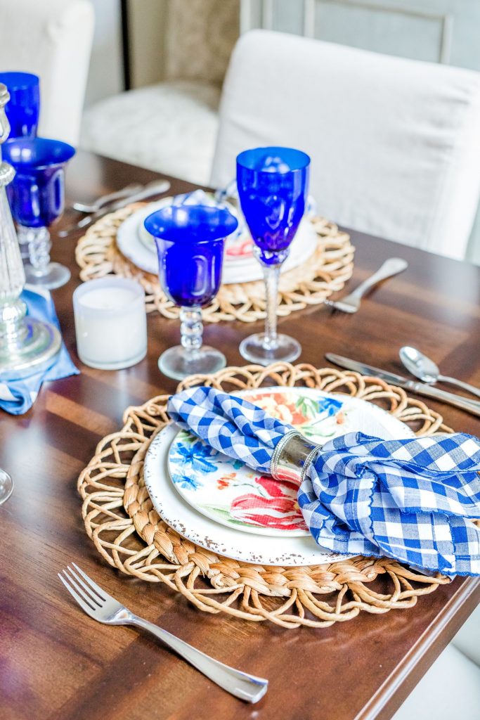 spring tablescape ideas, gingham napkins, LAFCO candles