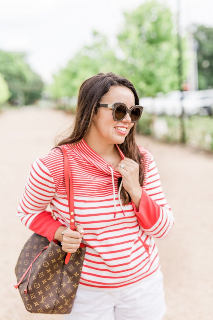 Red striped Barbour sweater outfit