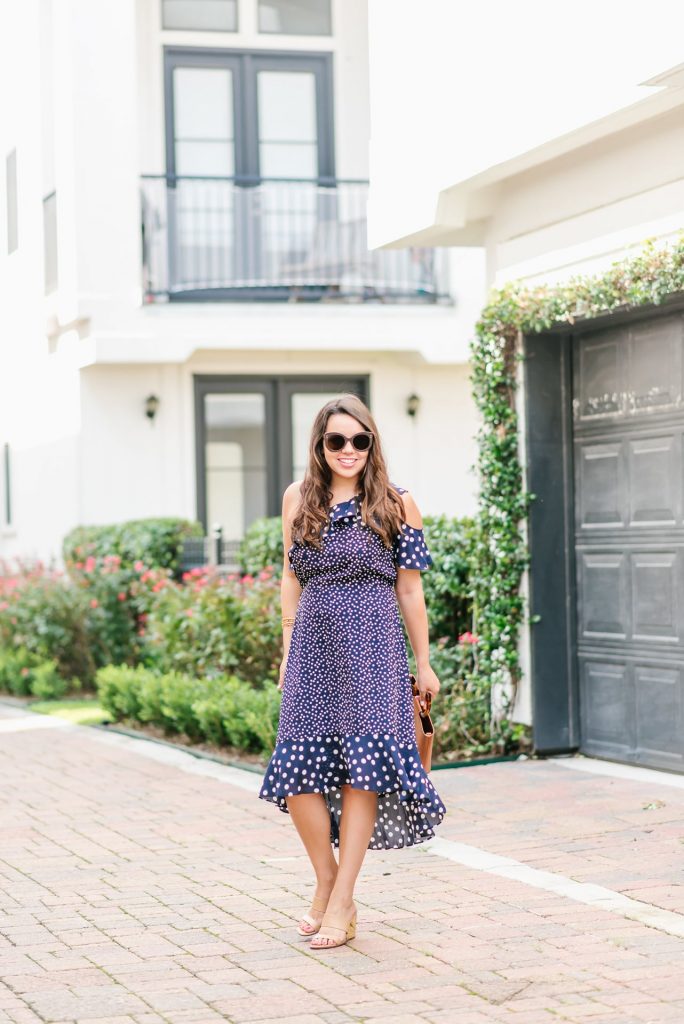 one shoulder polka dot midi dress