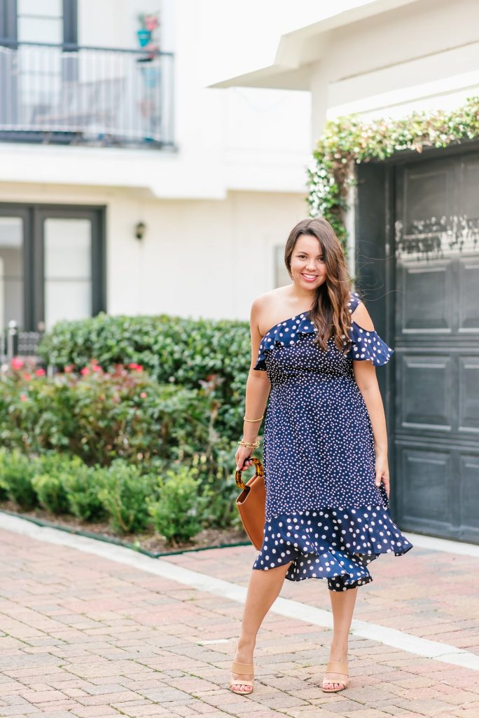 one shoulder polka dot midi dress 