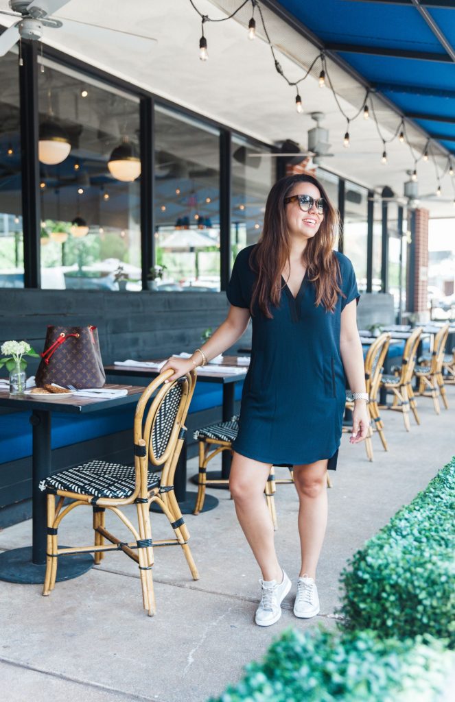 V-neck crepe shift dress and sneakers