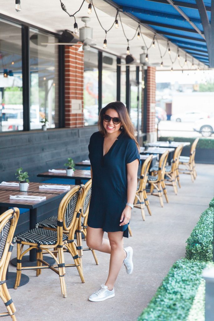 summer shift dress and metallic sneakers