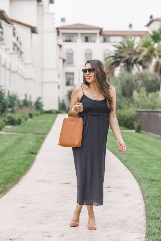 spaghetti strap black midi dress