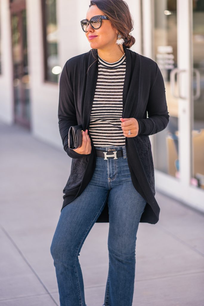 cocoon sweater and mockneck striped tee