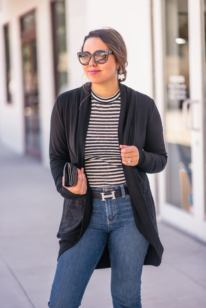 striped mockneck top and denim