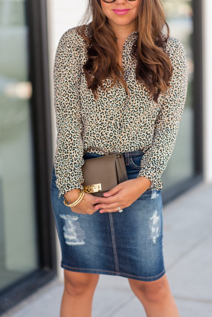 distressed denim skirt and leopard print