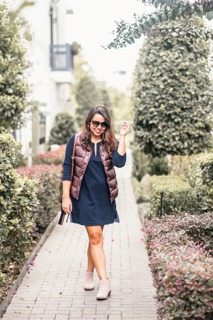 Navy shirt dress, puffer vest for fall and winter
