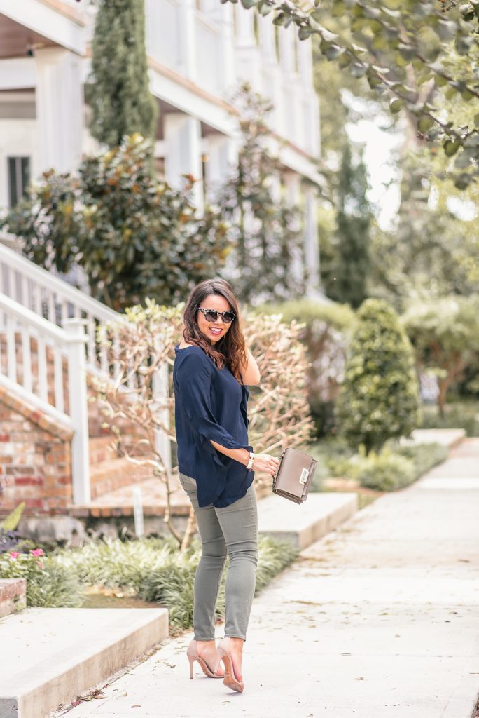 Ruffle sleeved silk top, classic outfit ideas
