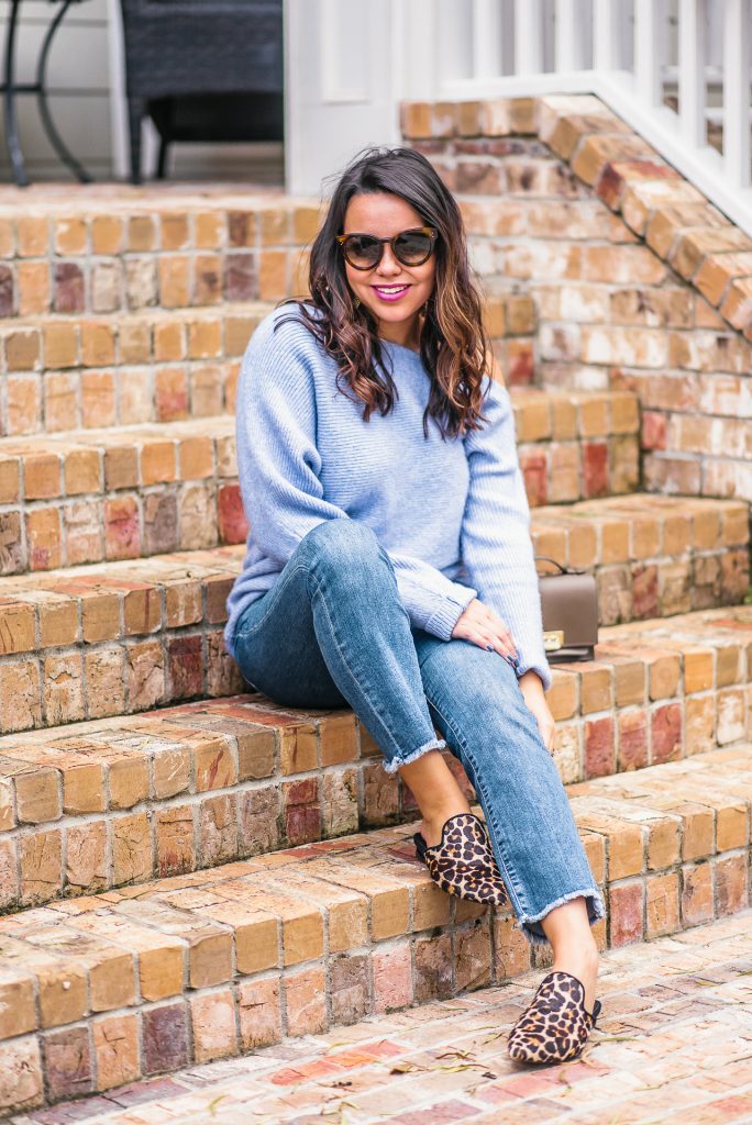 lavender sweaters, leopard flats