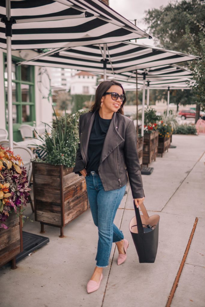 Cuyana tote bag, draped leather jacket