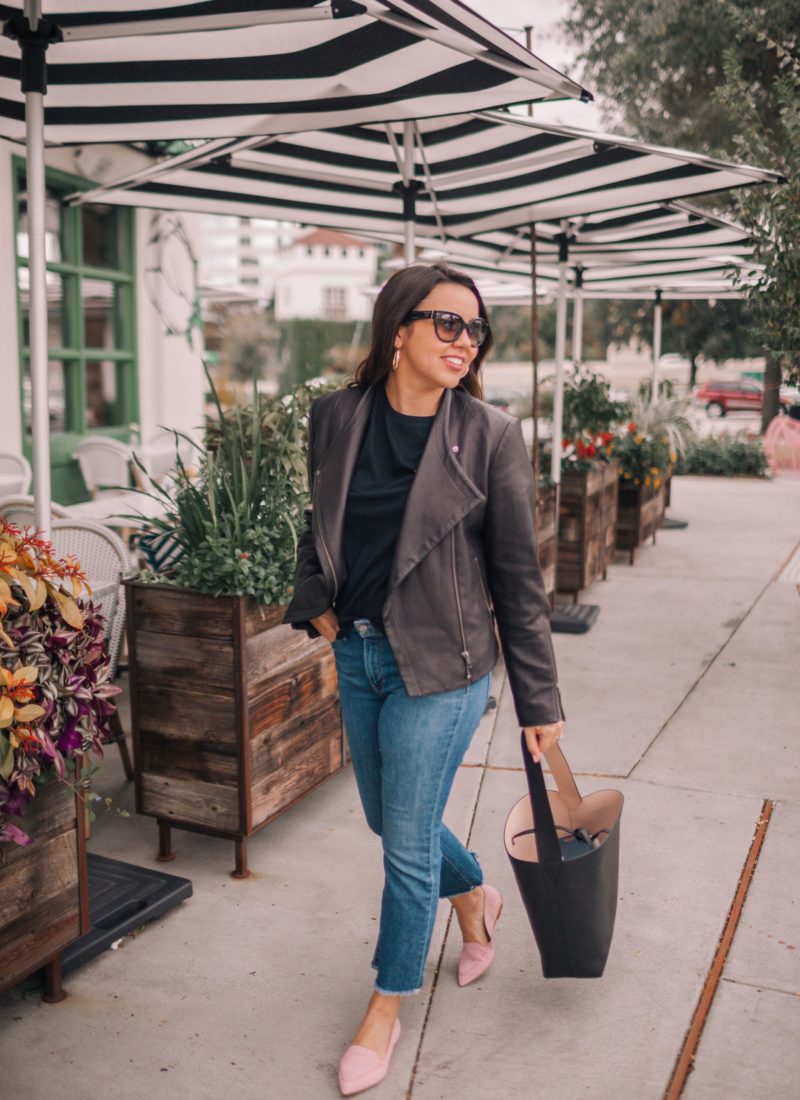 Draped Leather Jacket and Cropped Denim
