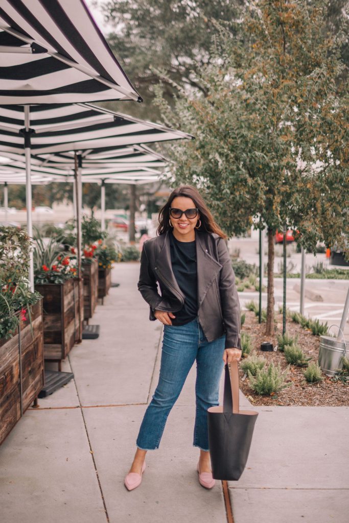 Draped black leather moto jacket