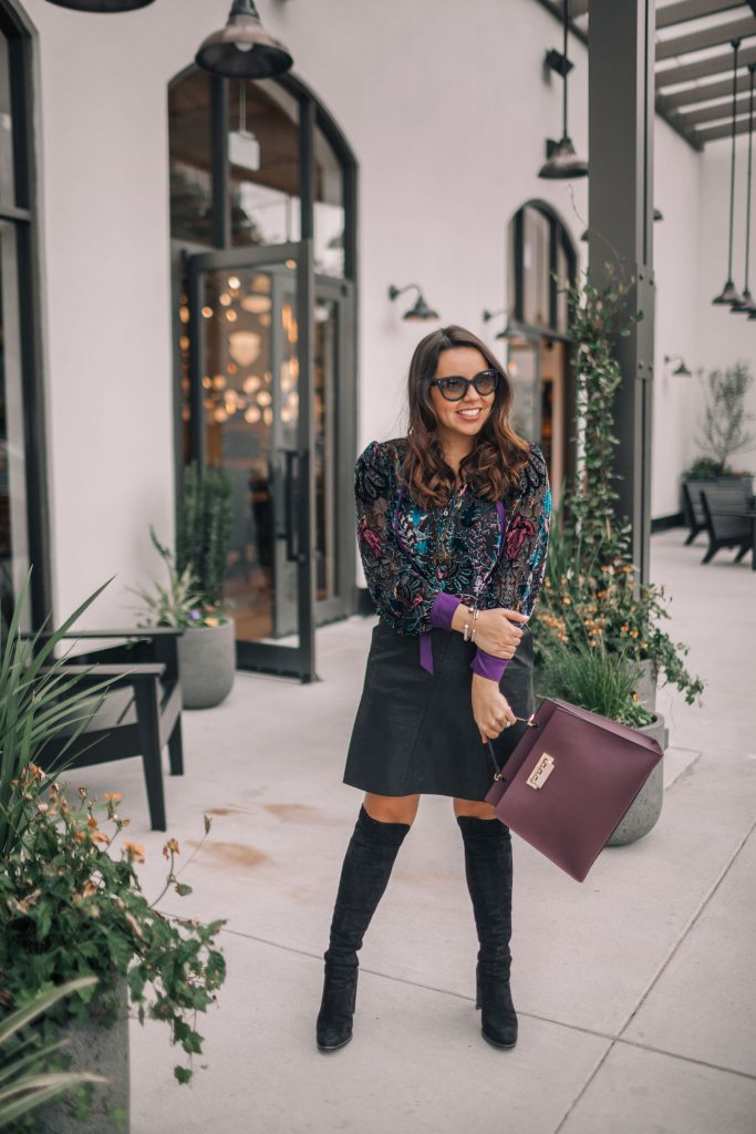 Hale Bob Velvet burnout blouse, OTK boots