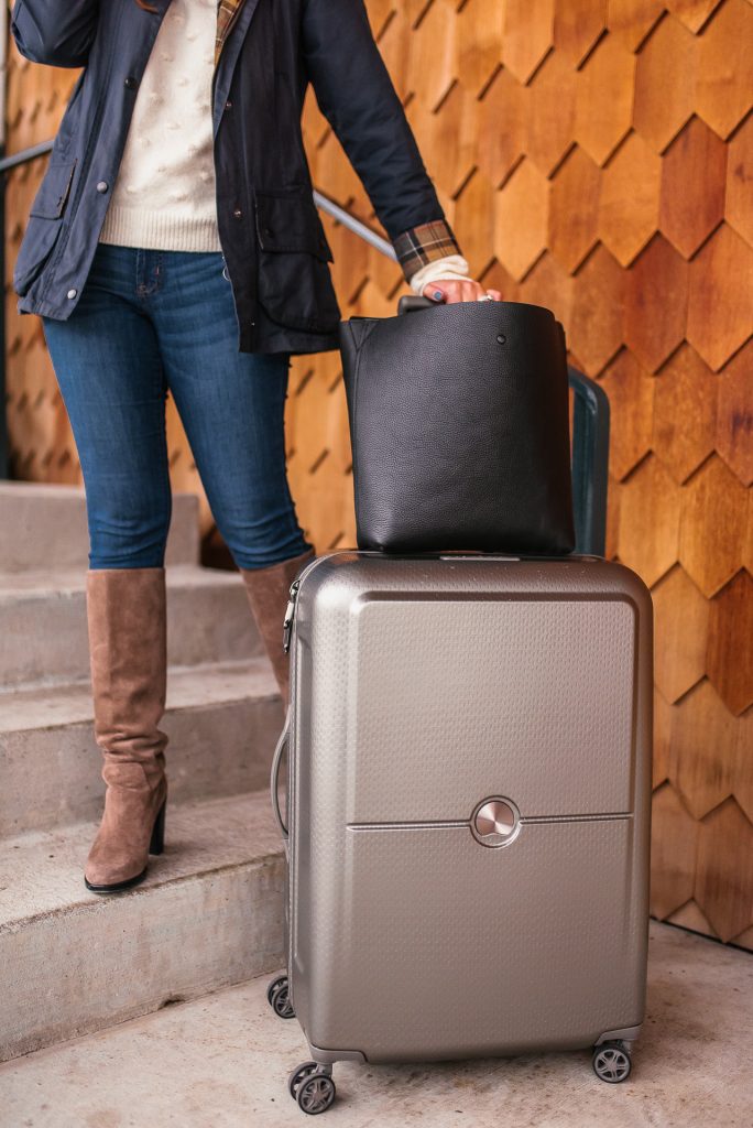 Delsey spinner suitcase, cuyana leather tote