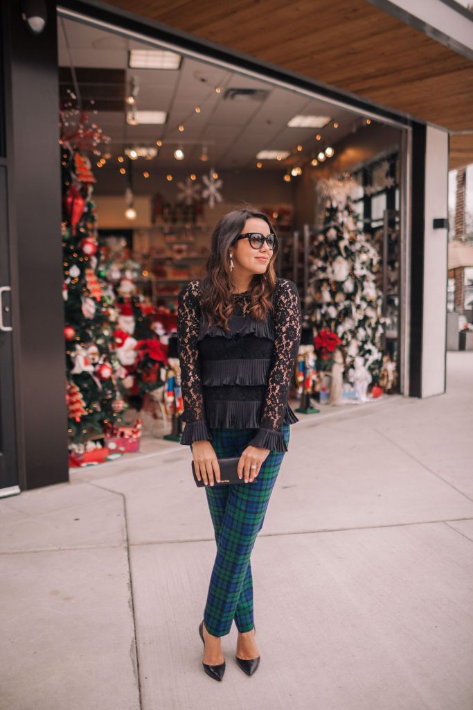 Holiday party outfit idea, plaid pants and lace top