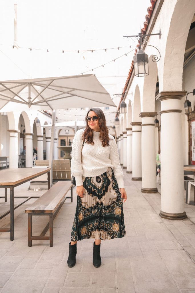 printed pleated midi skirt and booties