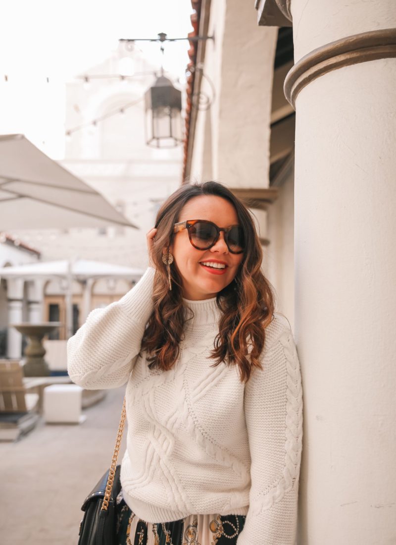 Cable-knit Sweater and Pleated Printed Midi Skirt