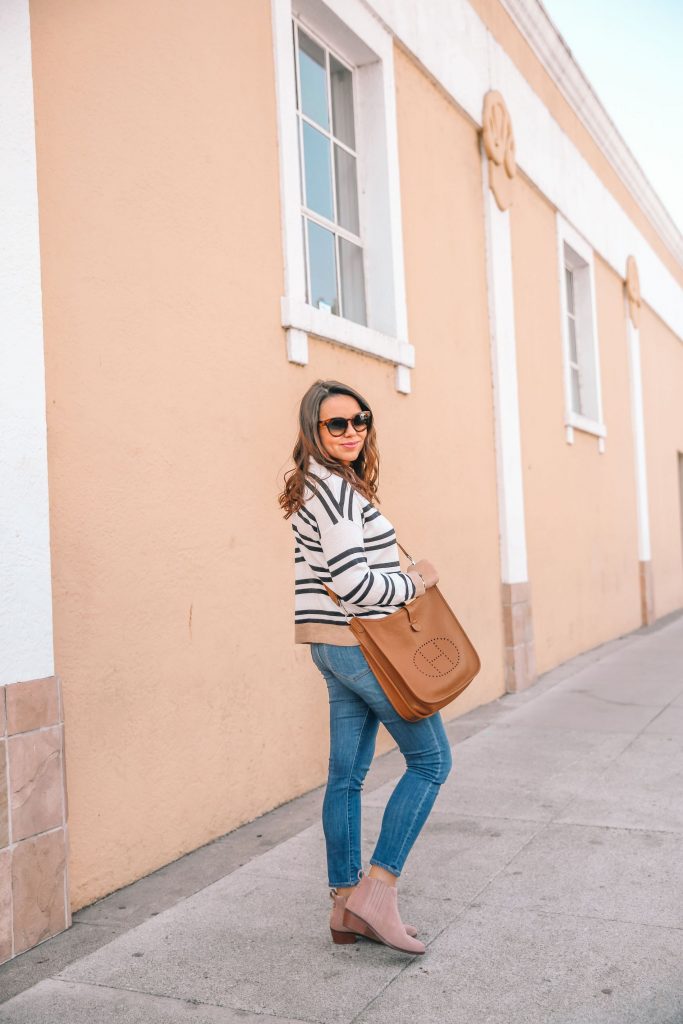 Striped knit pullover sweater, casual outfit ideas