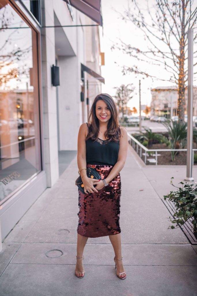 sequin midi skirt outfit idea