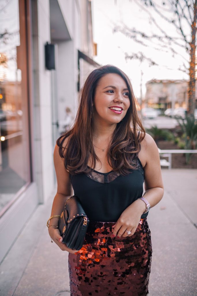 black lace camisole and sequin skirt