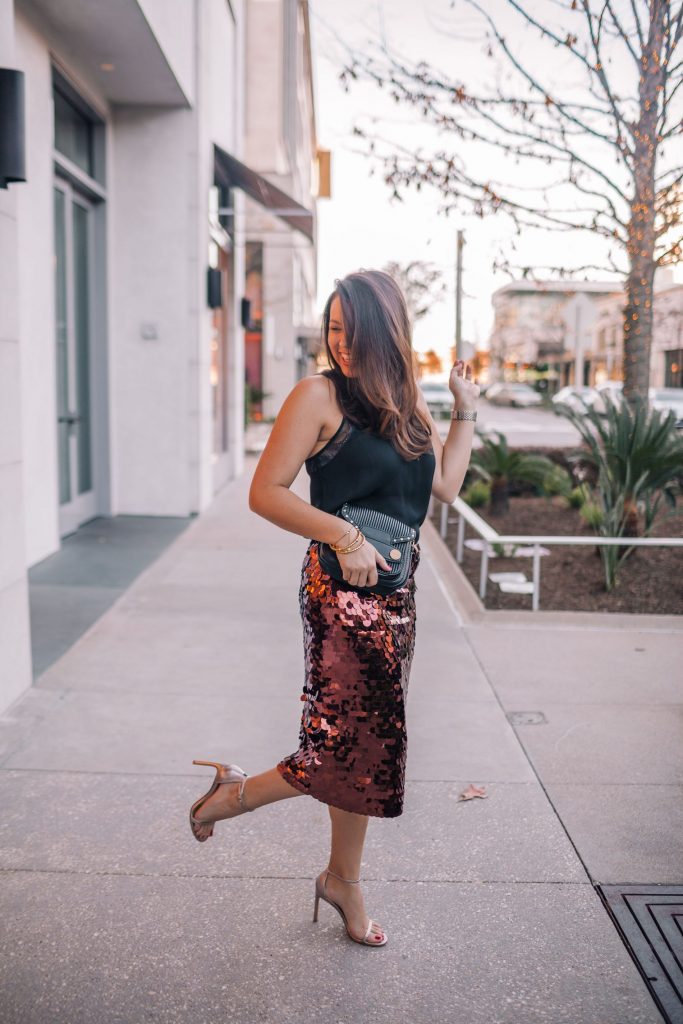 NYE outfit ideas, sequin midi skirt