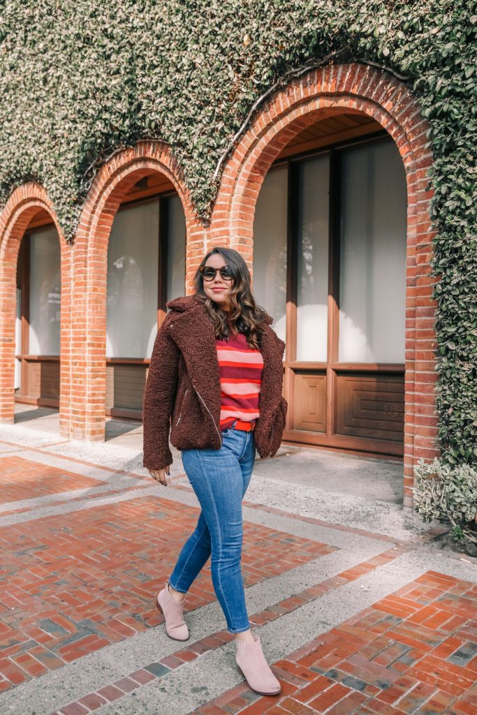 shearling teddy coat, striped sweater
