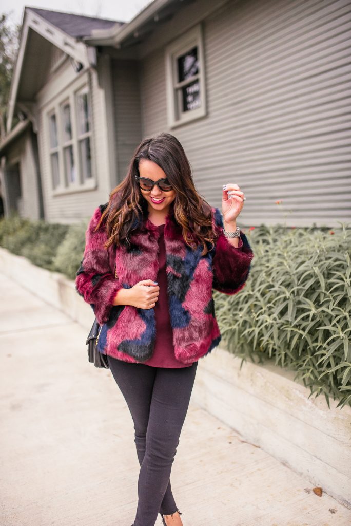 faux fur jacket outfit night out 