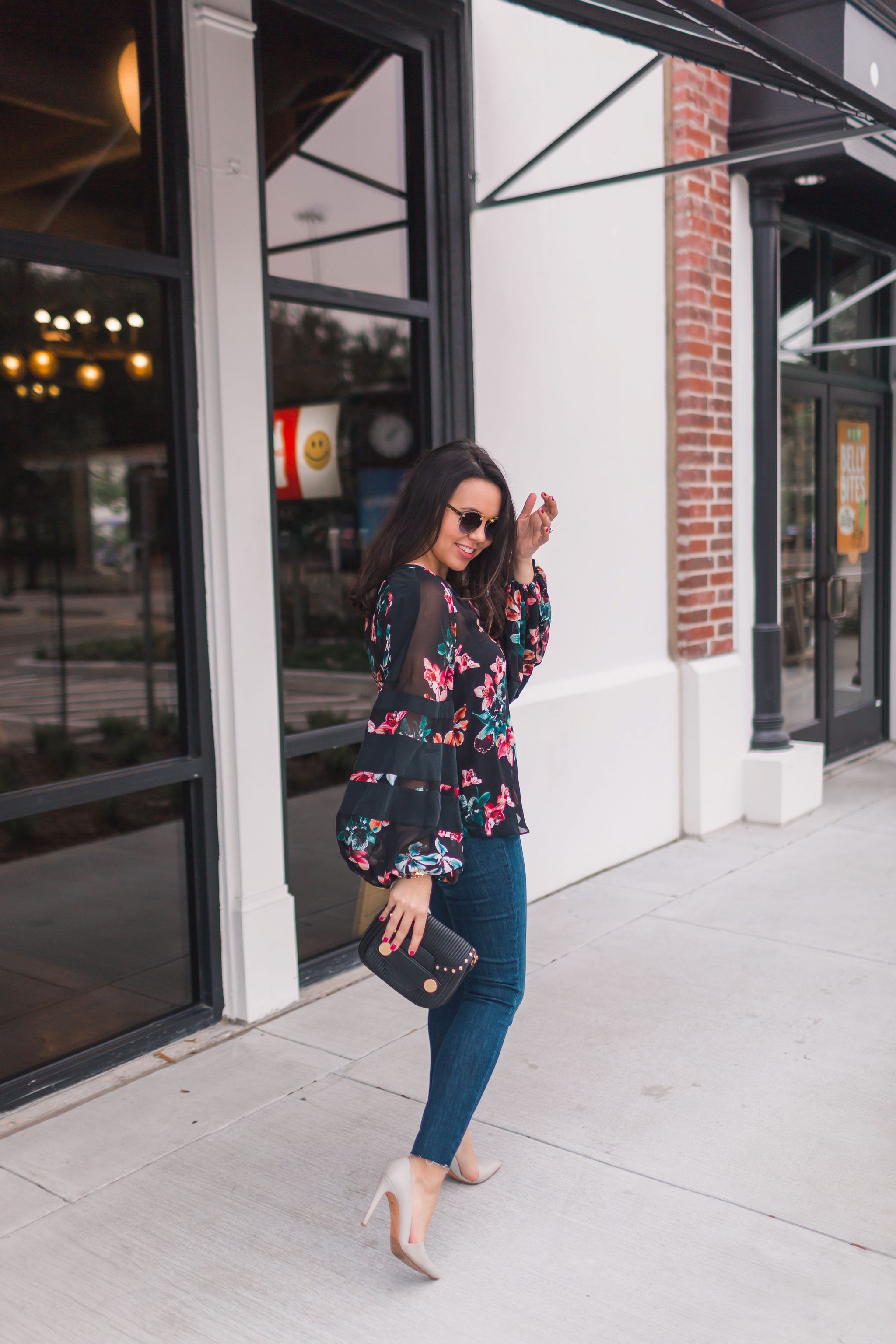 Floral blouson-sleeve top, 7 for all mankind clothing