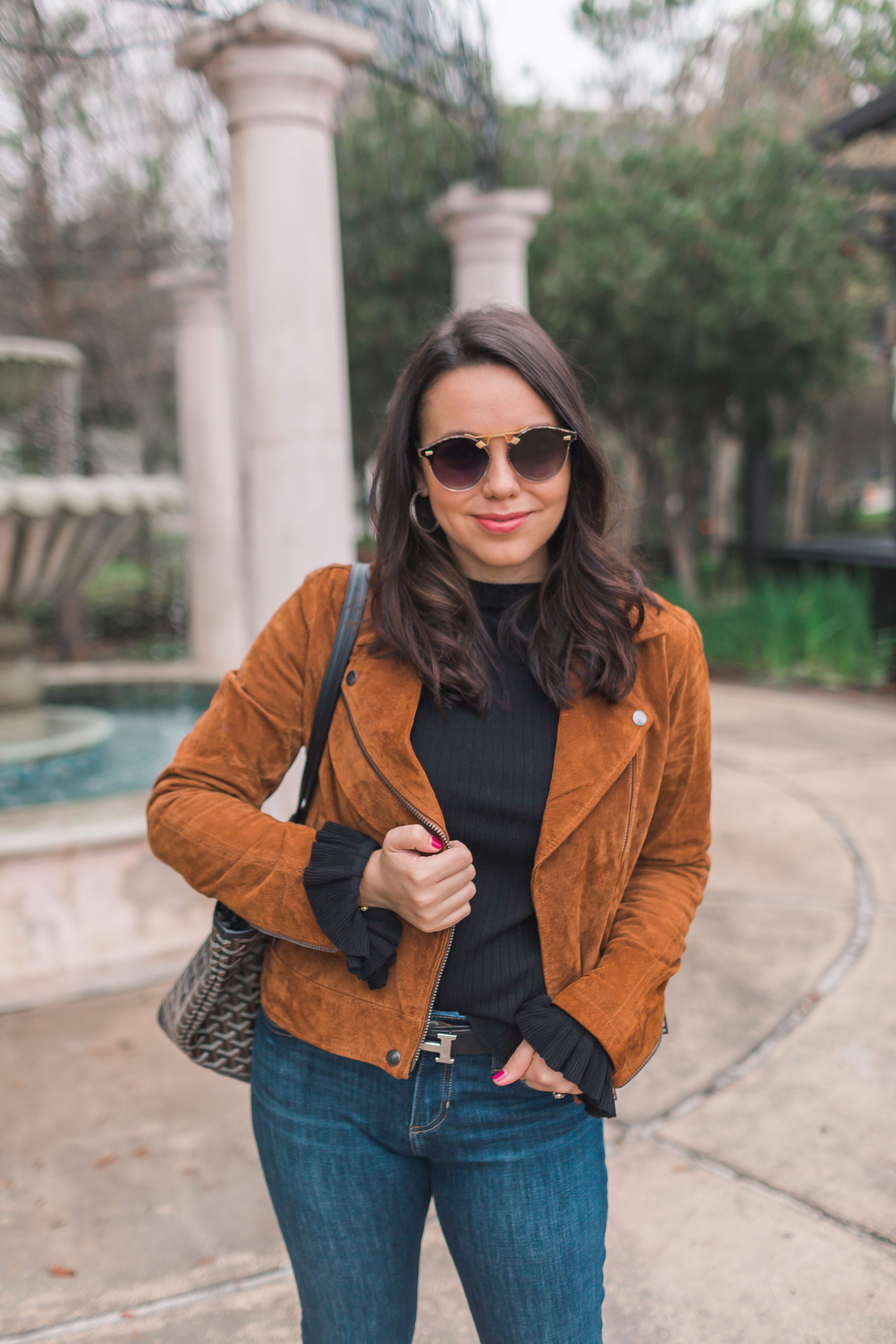 BlankNYC suede moto jacket outfit