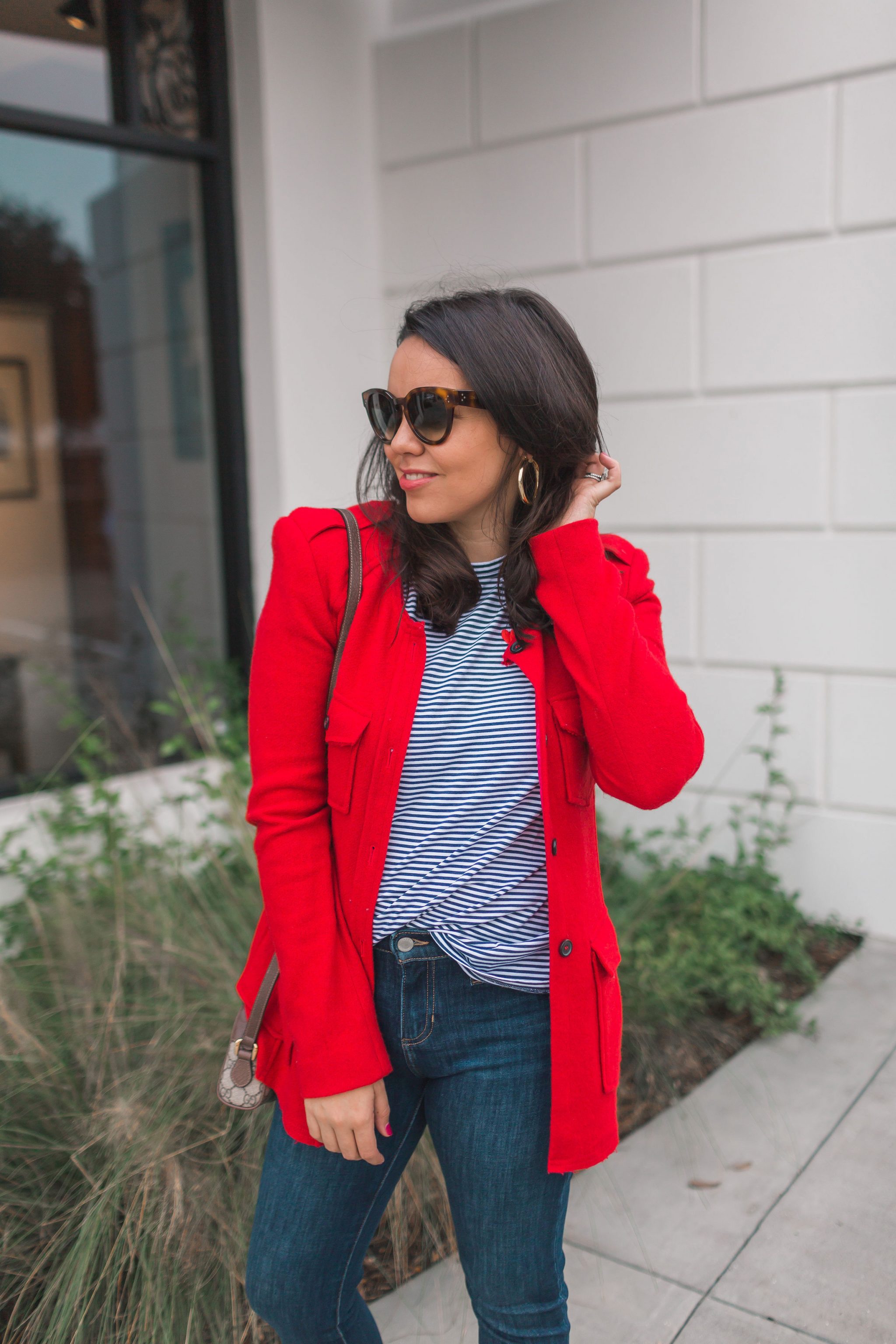Red wool blazer and striped tee