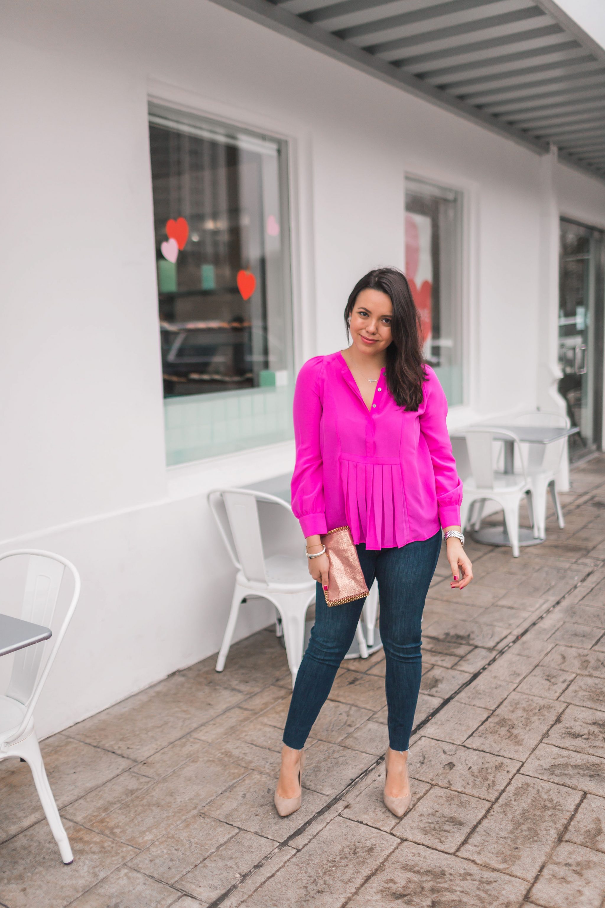 hot pink pleated blouse 