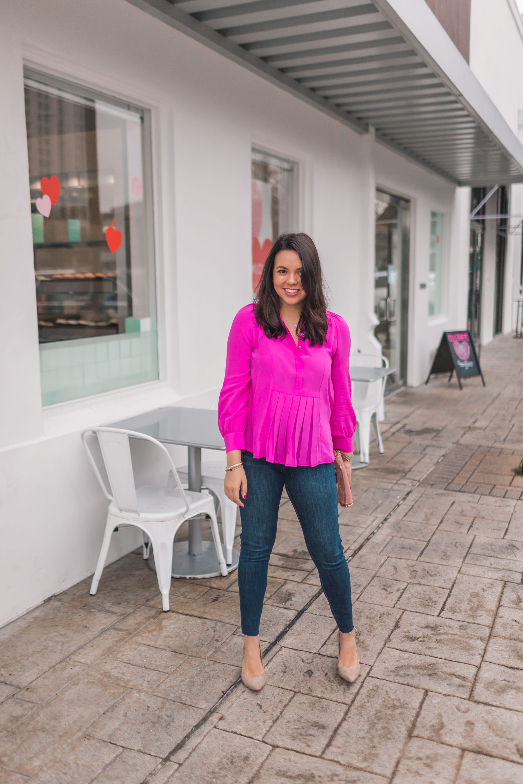 pleated hot pink silk blouse, suede pointed toe pumps