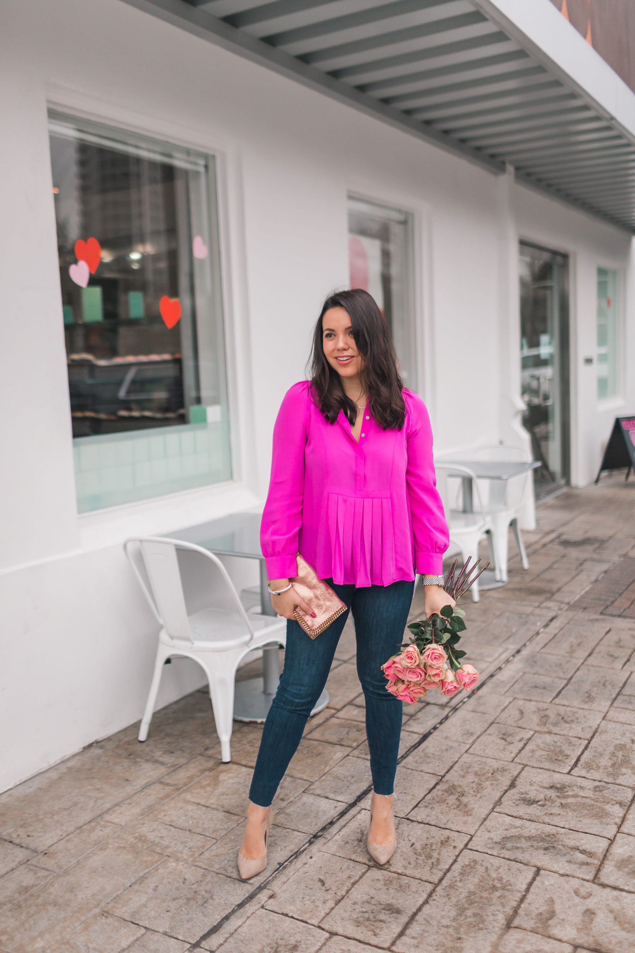 Hot pink silk pleated blouse and denim for date night | Girl Wonder Life