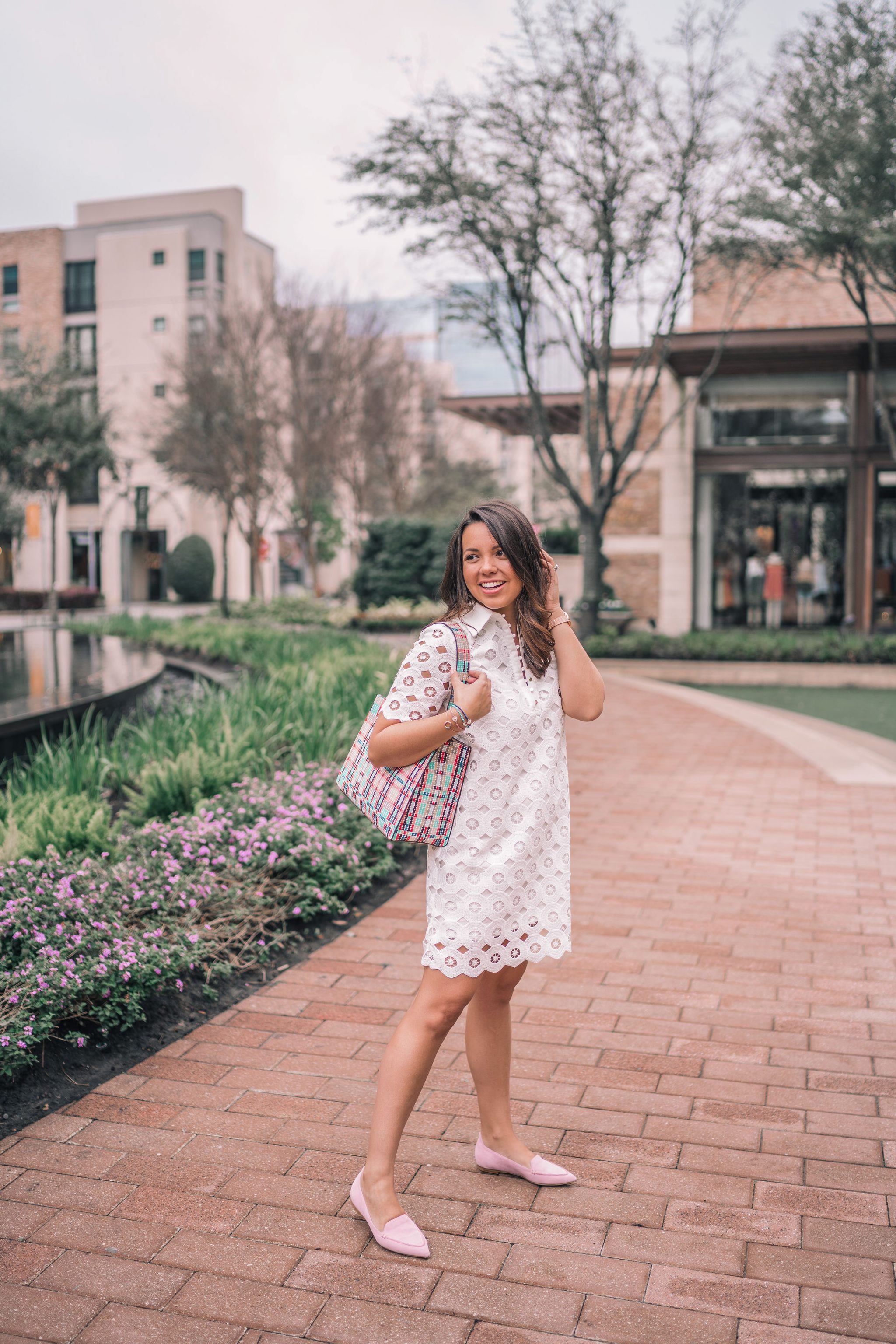 white eyelet dress and blush suede flats