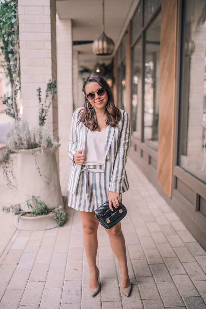 Striped shortsuit, blazer and shorts coordinating set