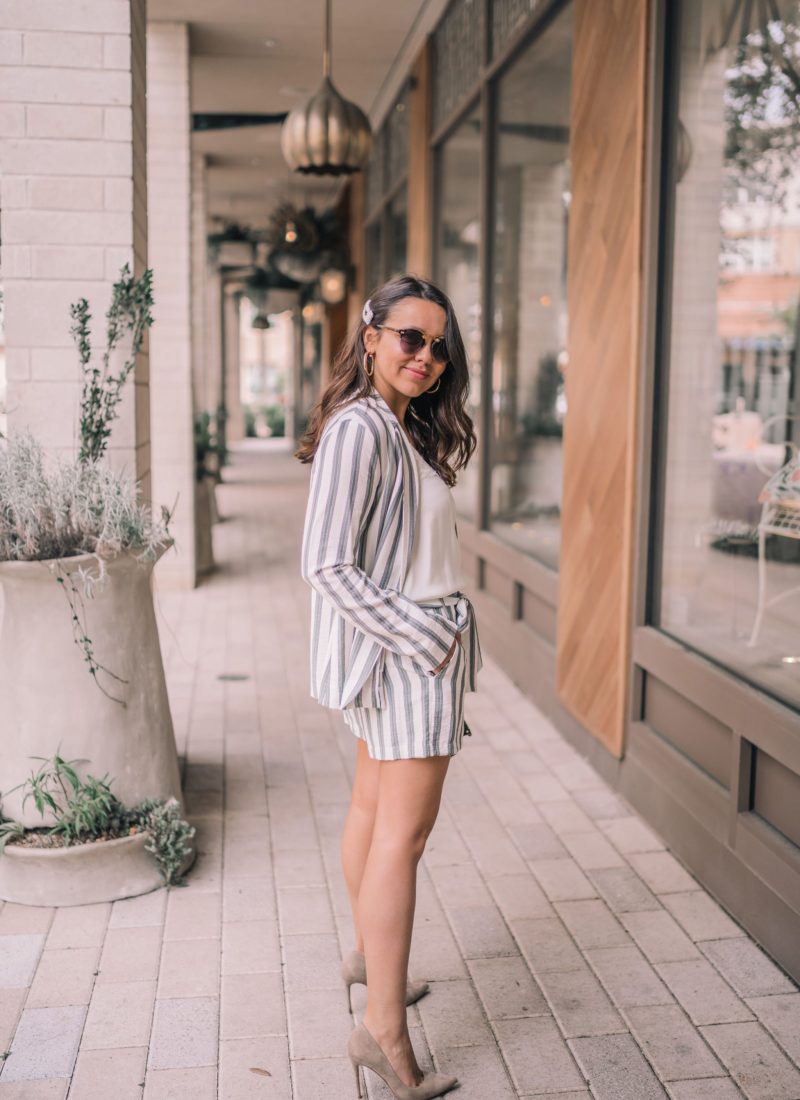 Striped blazer and shorts set, neutral suede pumps | Girl Wonder Life